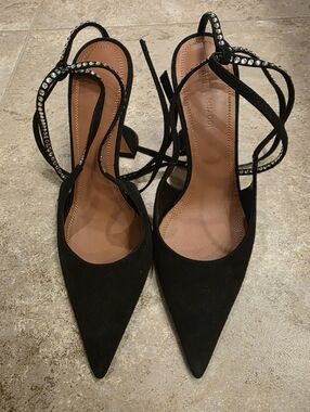 New Amina Muaddi Black Suede Pointed Toe Heels with Crystal Straps Size 37